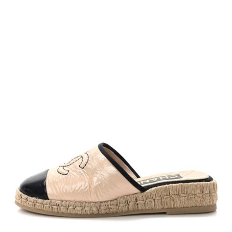 chanel beige mules|CHANEL Crumpled Patent CC Espadrille Mules 35 Beige Black .